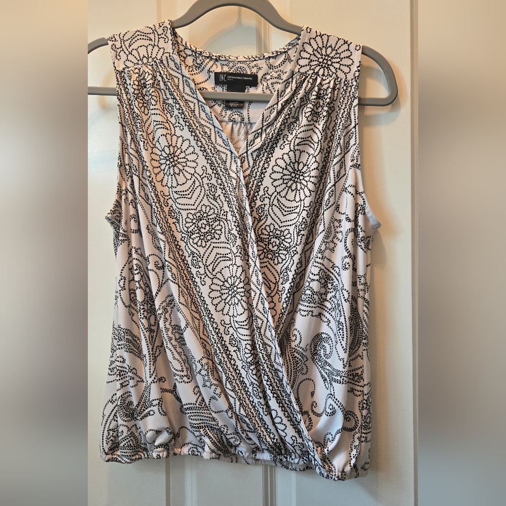 INC International Concepts Faux Wrap Sleeveless Blouse White + Black Size PL EUC